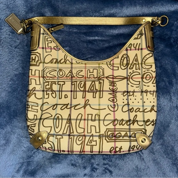 Coach Fl3309 Tattersall Gold Graffiti Hobo Purse Authenticate - Picture 1 of 6
